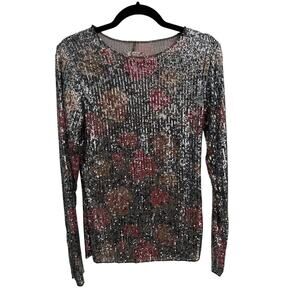 Anthropologie Sheer Sequin Floral Mesh Top Size M Y2K